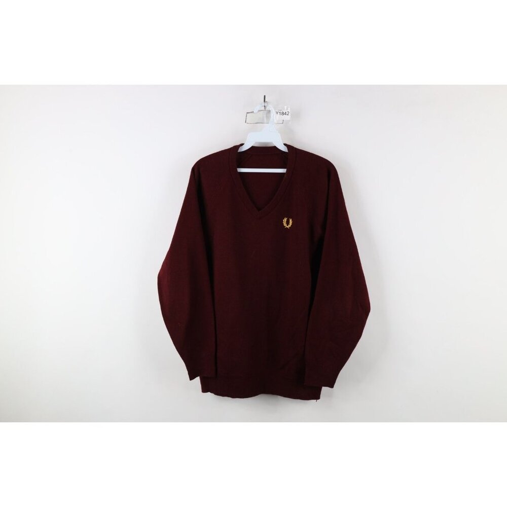 Vtg 60s 70s Fred Perry Mens 42 Distressed Knit V-Neck Sweater Burgundy Acrylic